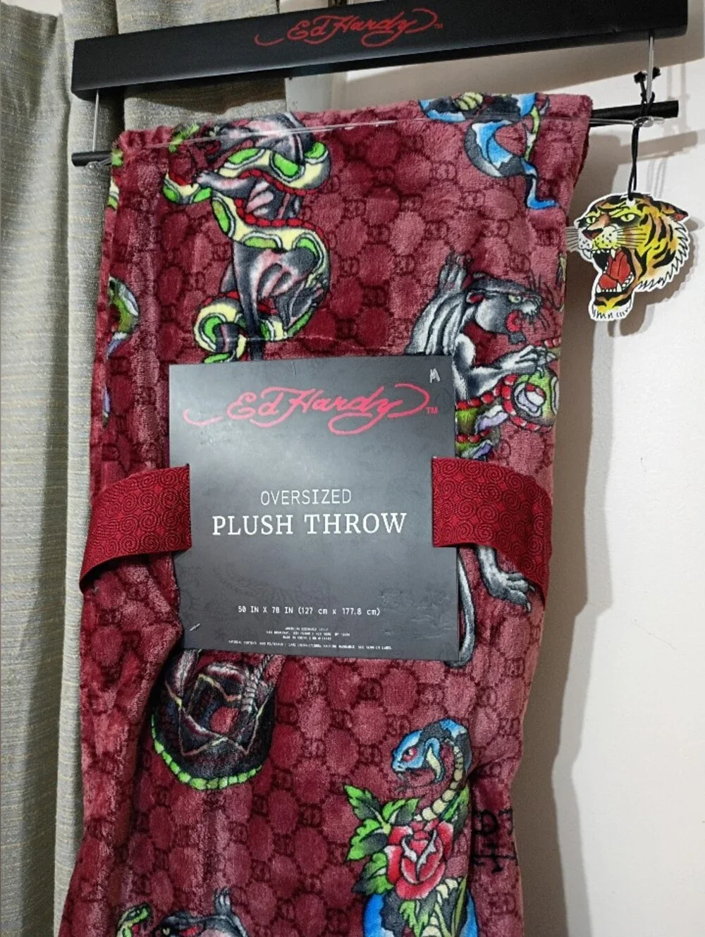 Ed Hardy Burgundy Plush Throw with Multicolor Tattoo Motif